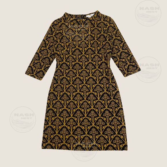 Boden Victoria Jacquard Dress US 4P | Black Gold Metallic, Shift, 3/4 Sleeve - Picture 2 of 7